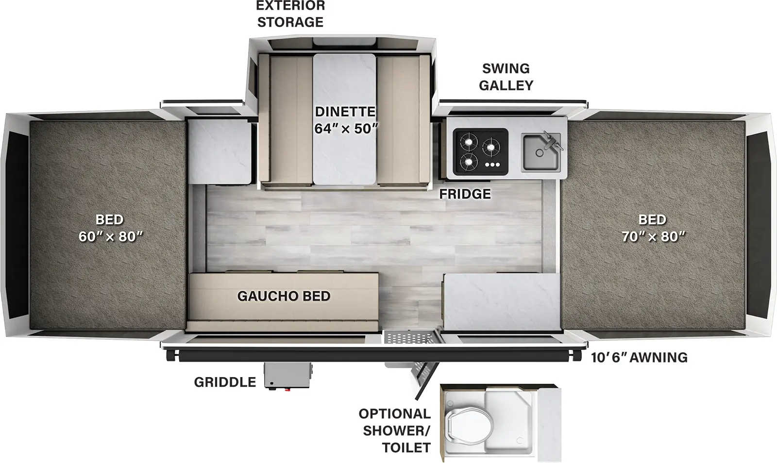 The 228D has one slideout and one entry door. Exterior features a 10 foot 6 inch awning, griddle, and exterior storage. Interior layout front to back: front tent bed; off-door side swing galley with refrigerator, cooktop and sink, dinette slideout, and cabinet; door side cabinet, entry, and gaucho bed; rear tent bed. Optional shower/toilet available.